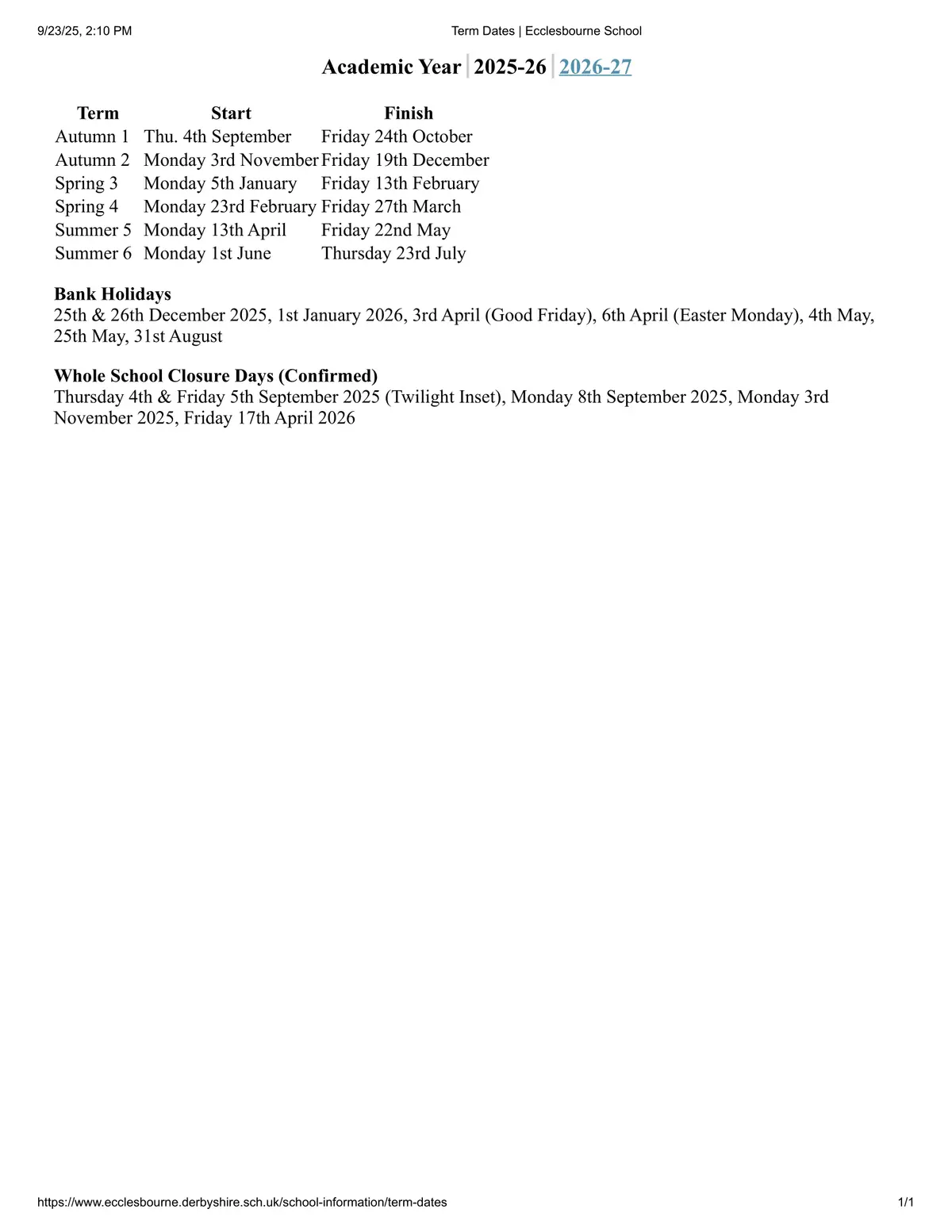 The Ecclesbourne School term dates