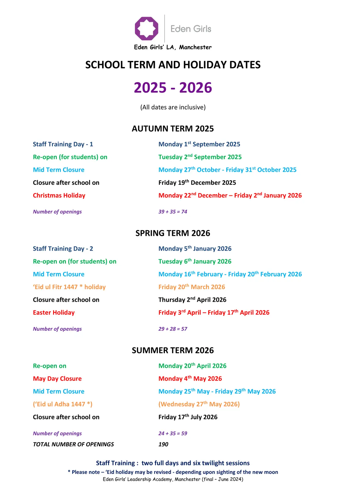 Eden Girls' Leadership Academy, Manchester term dates