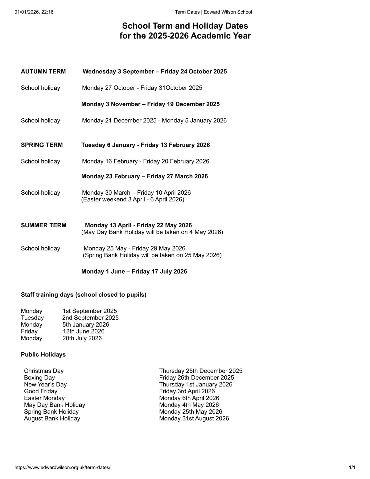 Edward Wilson Primary School term dates