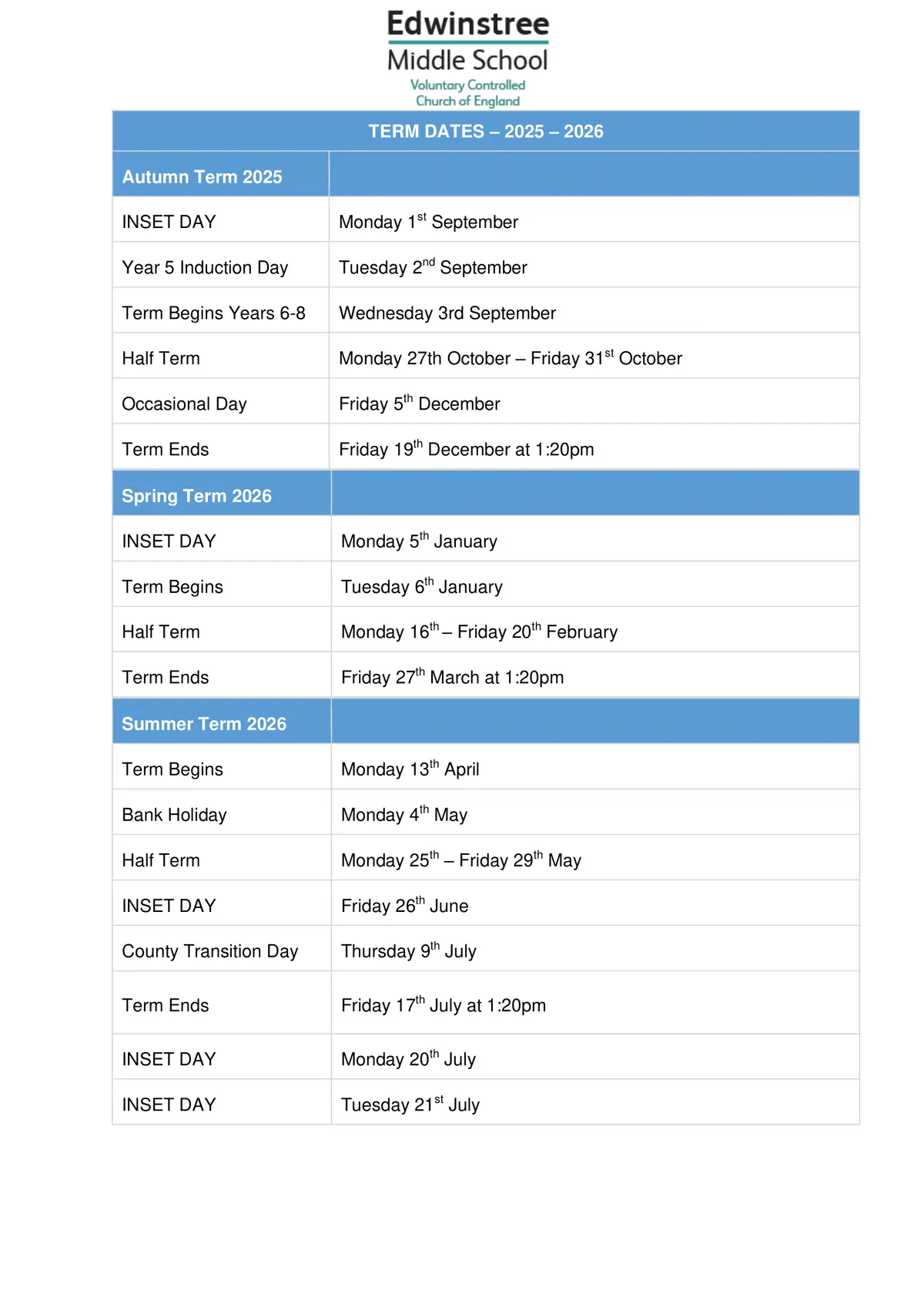 Edwinstree Church of England Middle School term dates