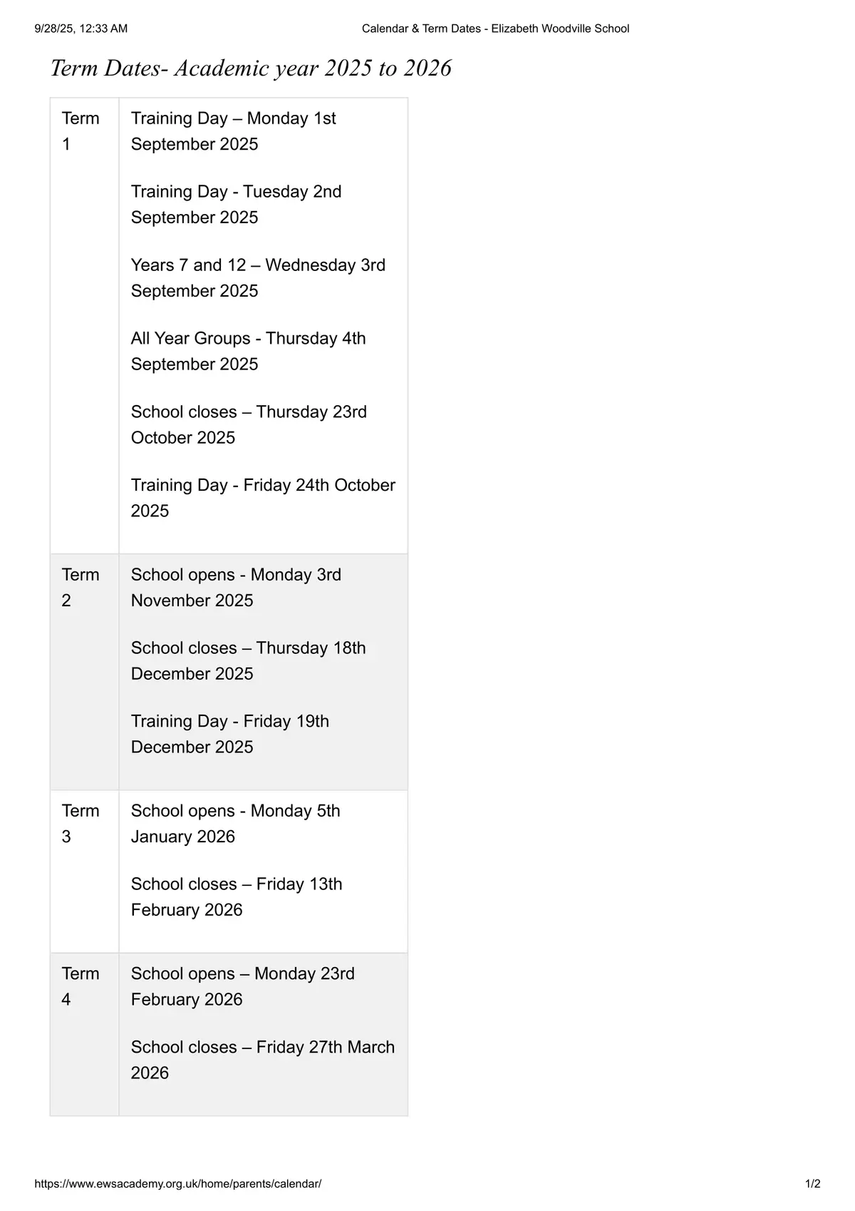 Elizabeth Woodville School term dates
