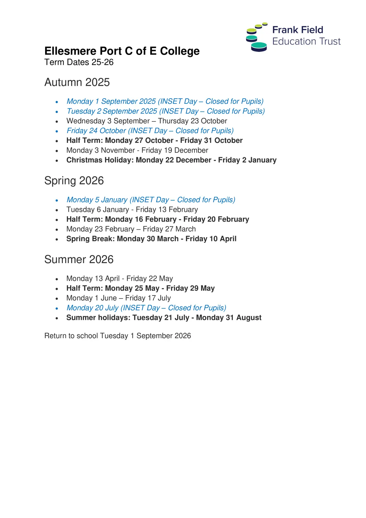 Ellesmere Port Church of England College term dates