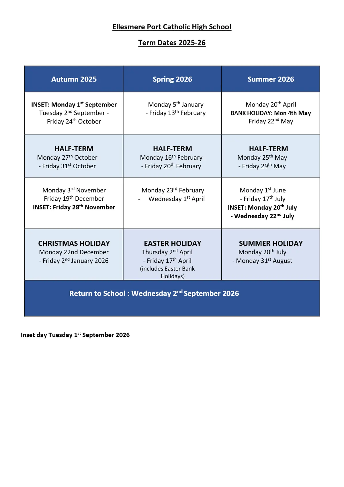 Ellesmere Port Catholic High School, a Voluntary Academy term dates