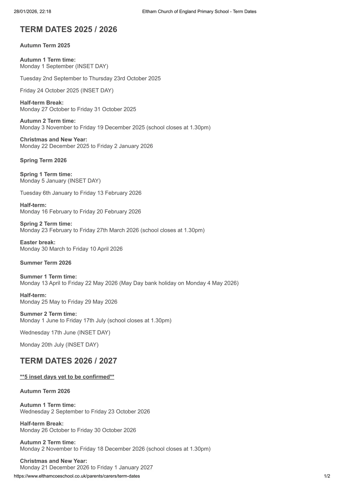 Eltham Church of England Primary School term dates