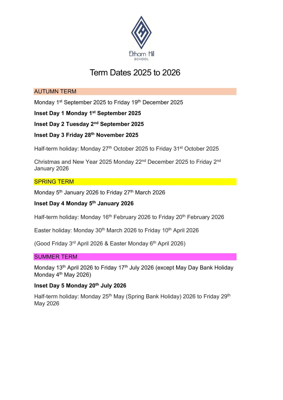 Eltham Hill School term dates