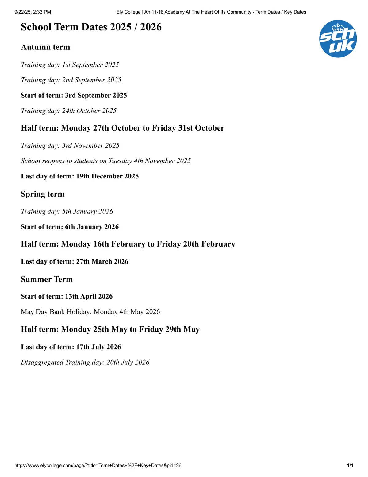 Ely College term dates