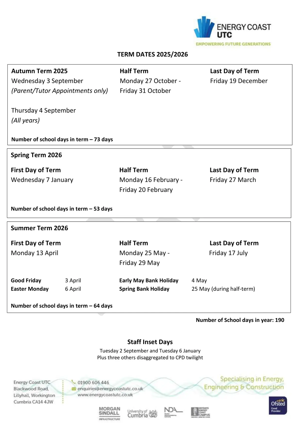 Energy Coast UTC term dates