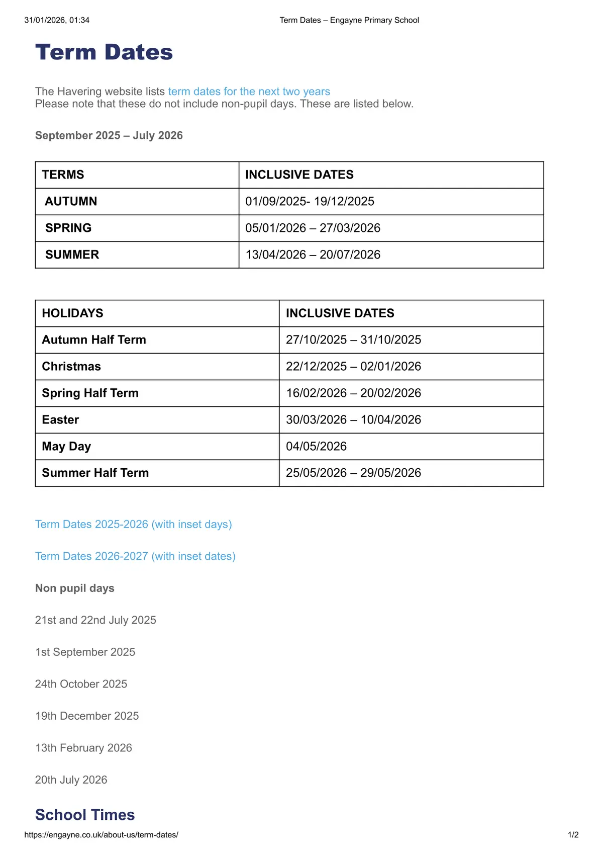 Engayne Primary School term dates