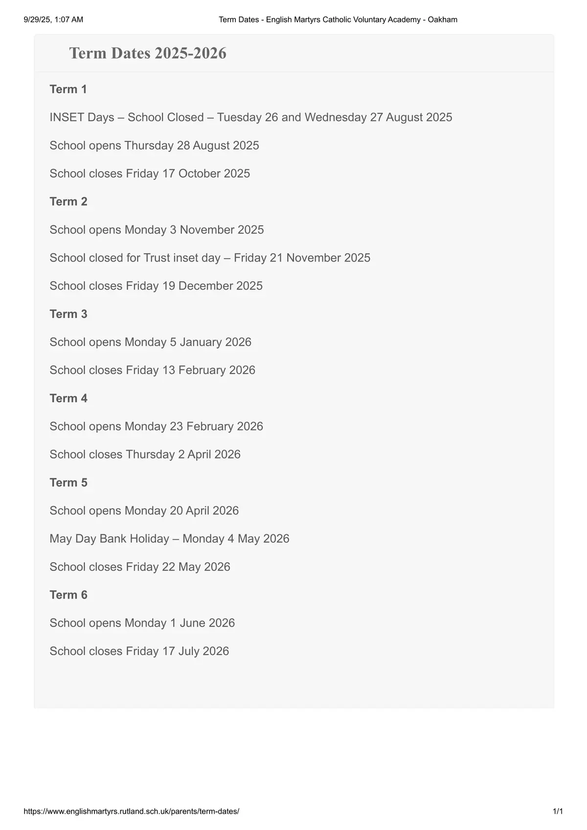 English Martyrs' Catholic Voluntary Academy term dates