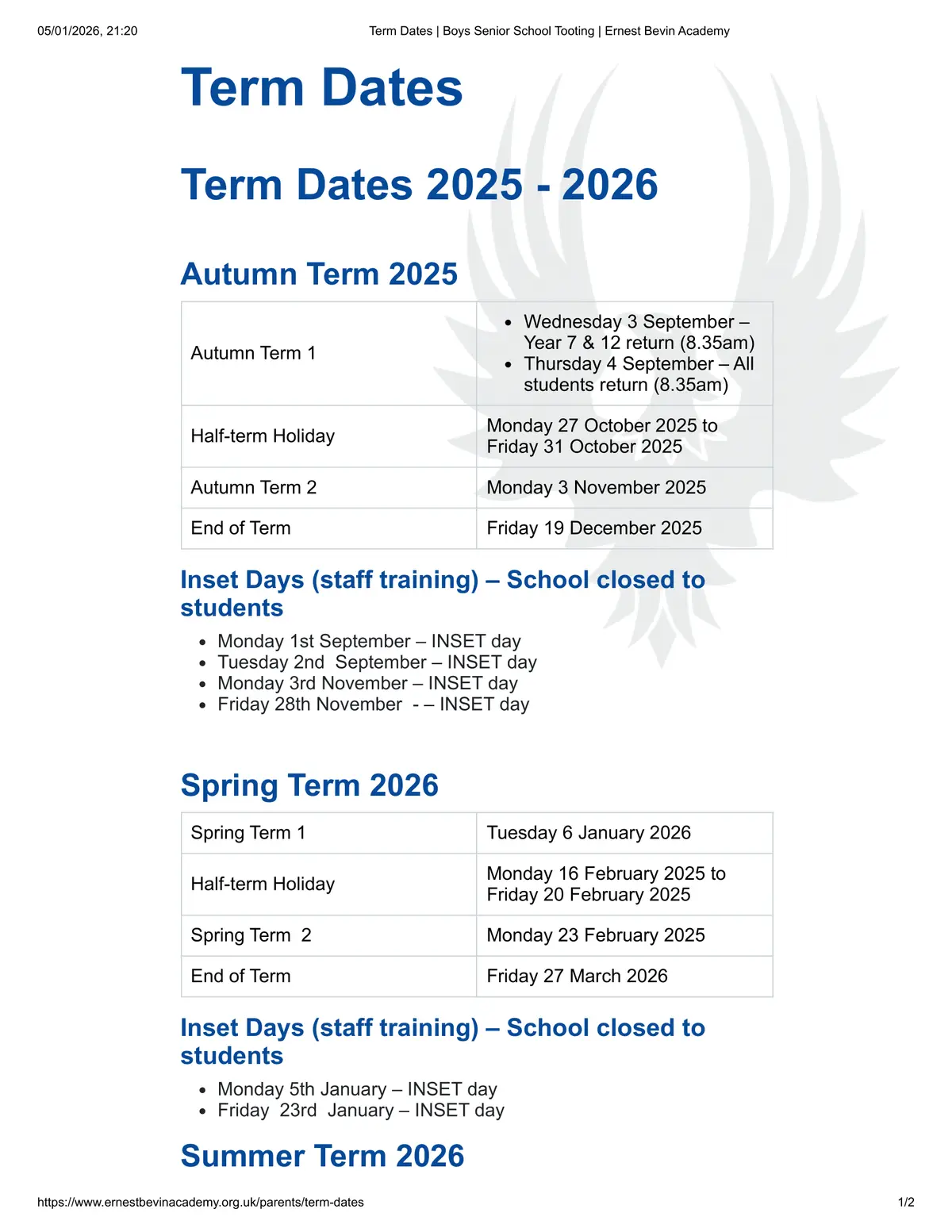 Ernest Bevin Academy term dates