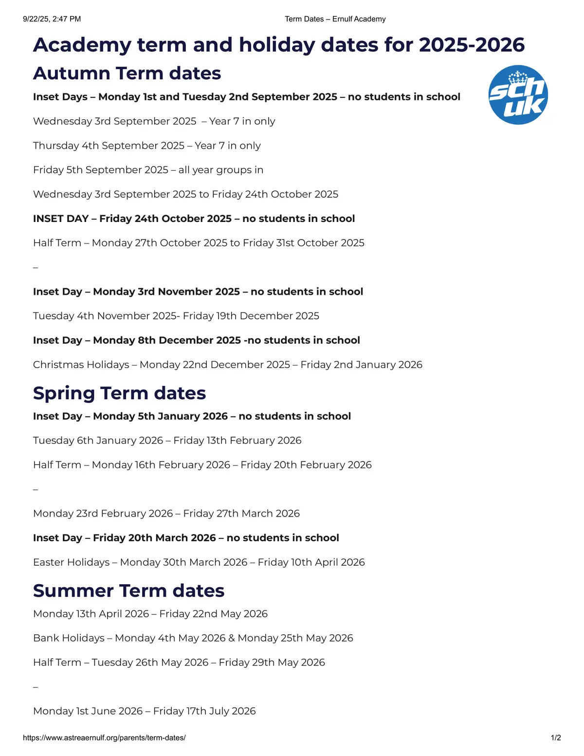 Ernulf Academy term dates