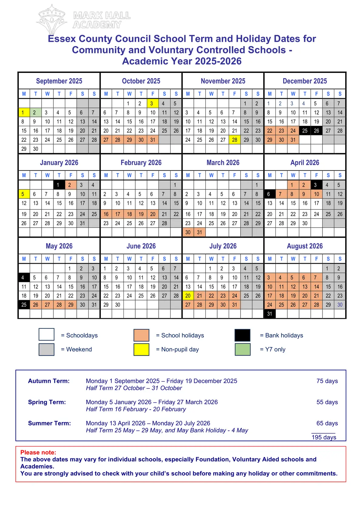 Mark Hall Academy term dates