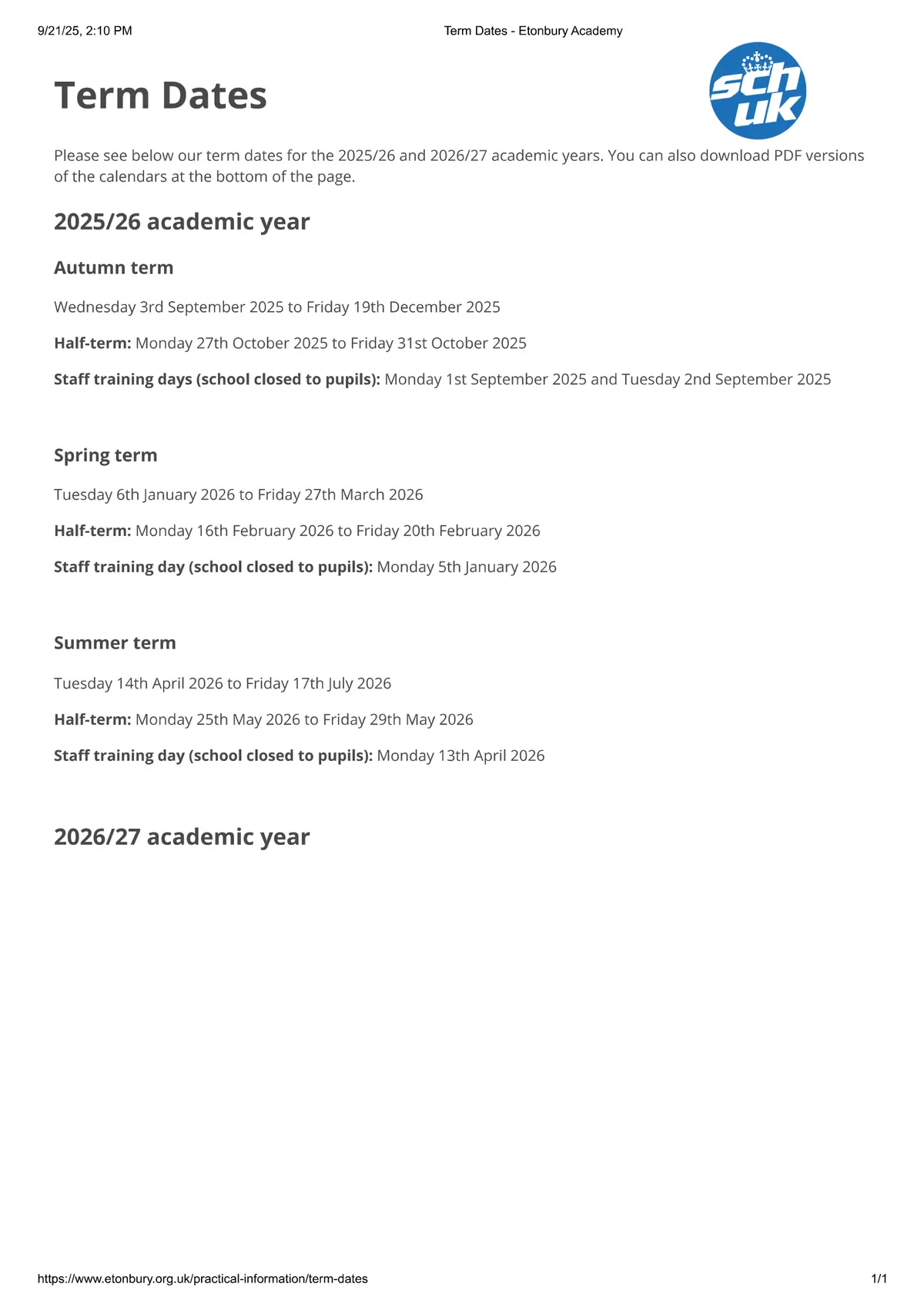 Etonbury Academy term dates