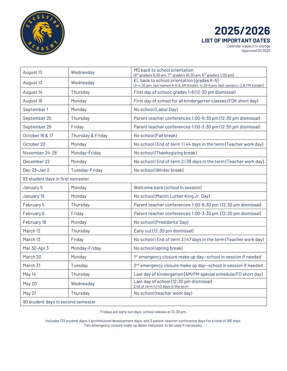 Excelsior Academy term dates