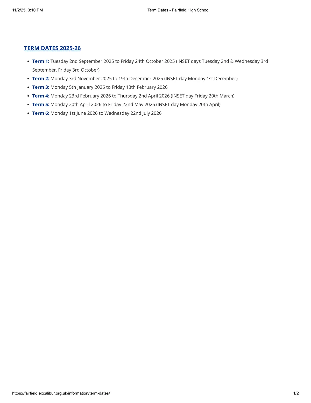 Fairfield High School term dates