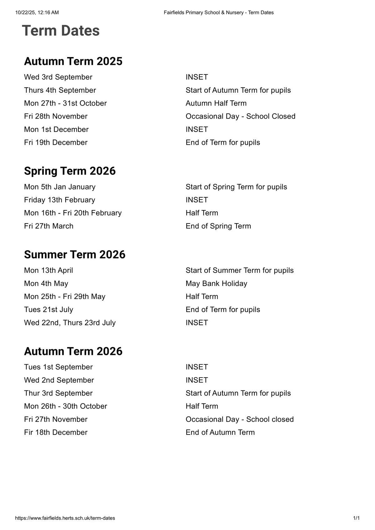 Fairfields Primary School and Nursery term dates