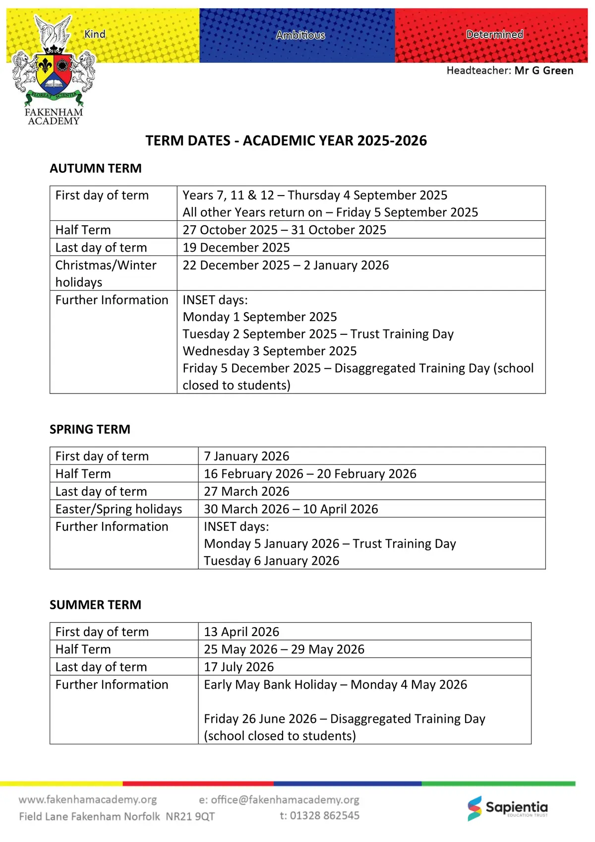 Fakenham Academy term dates