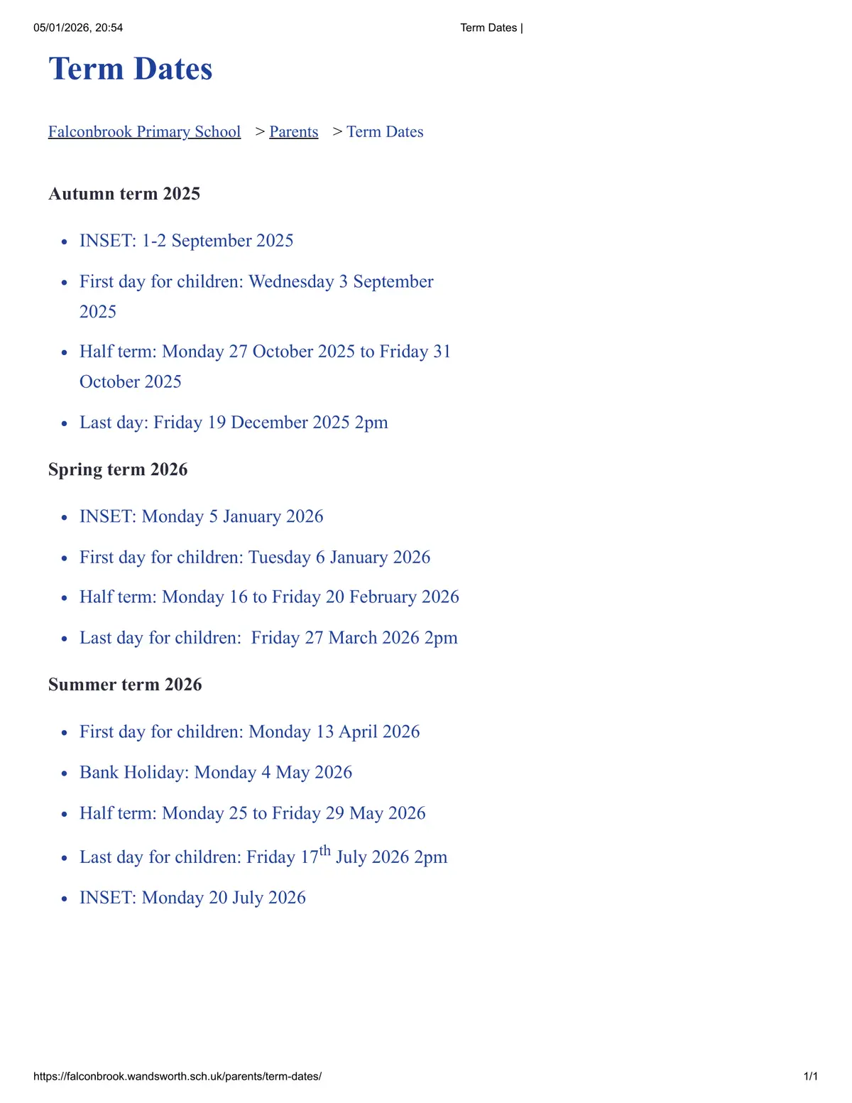 Falconbrook Primary School term dates