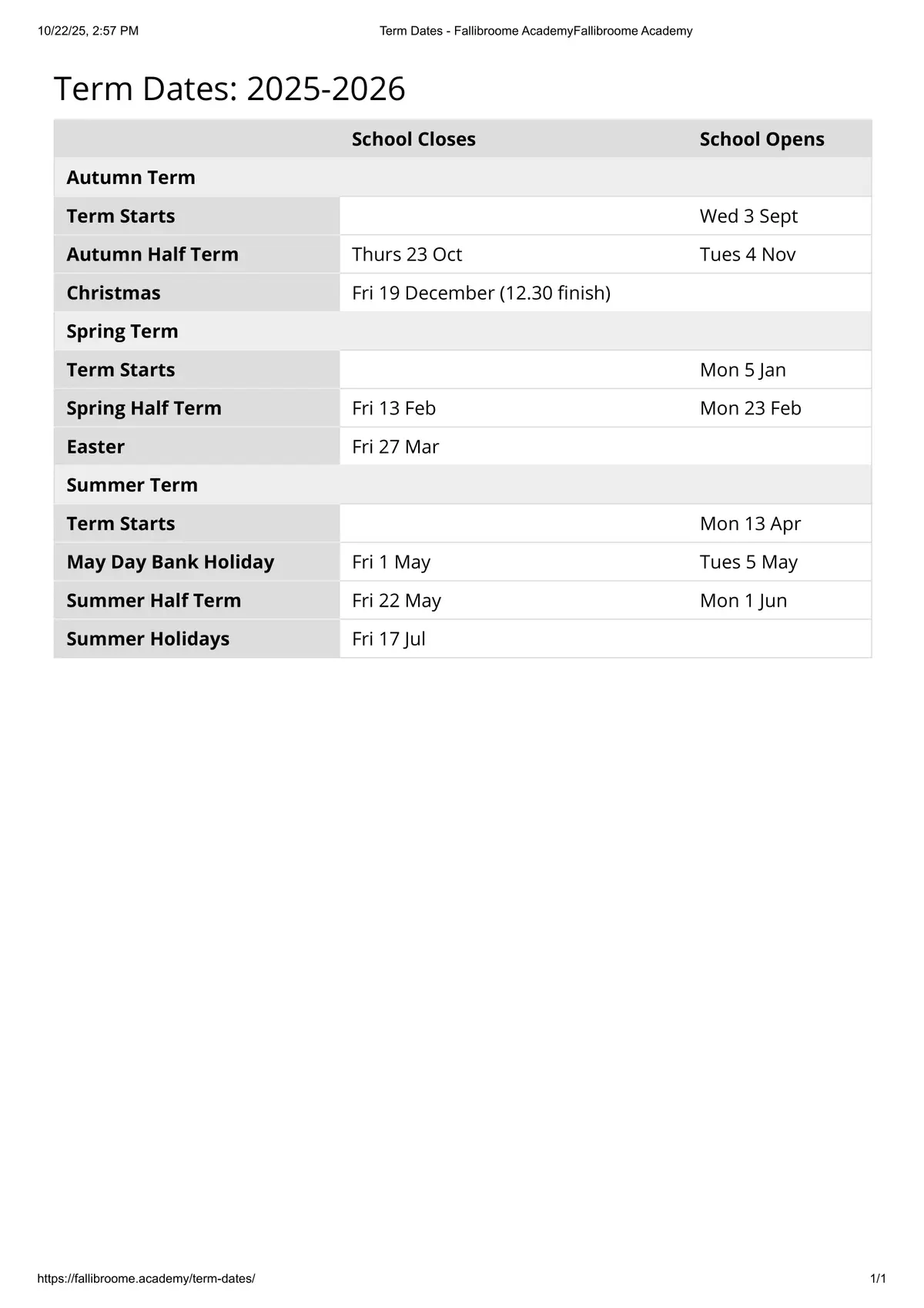 The Fallibroome Academy term dates