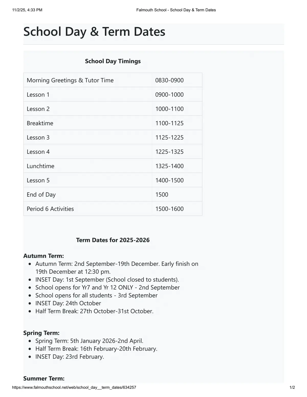 Falmouth School term dates