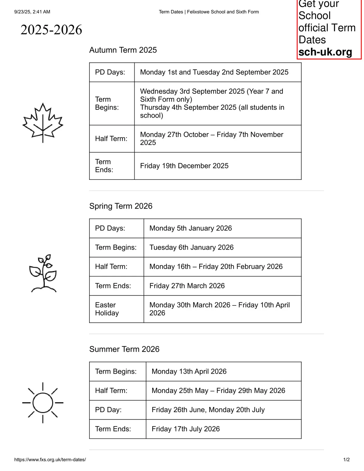 Felixstowe School term dates