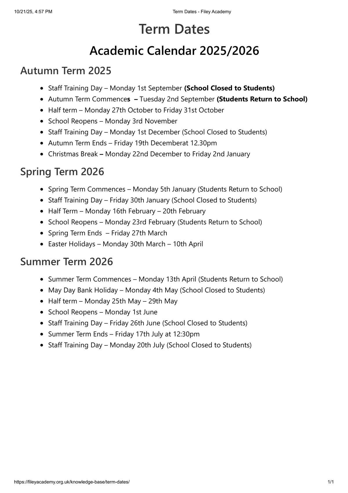 Filey Academy term dates