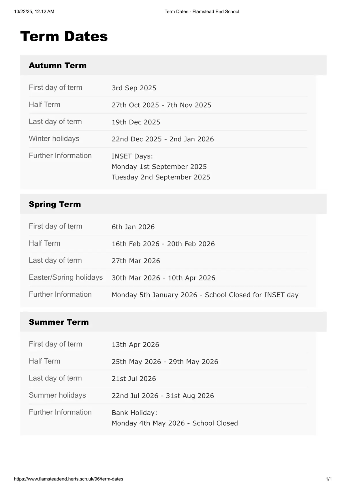 Flamstead End School term dates