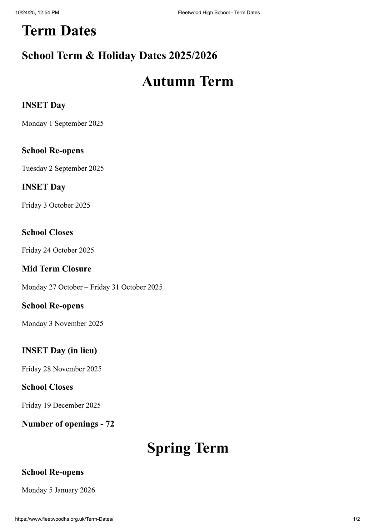 Fleetwood High School term dates