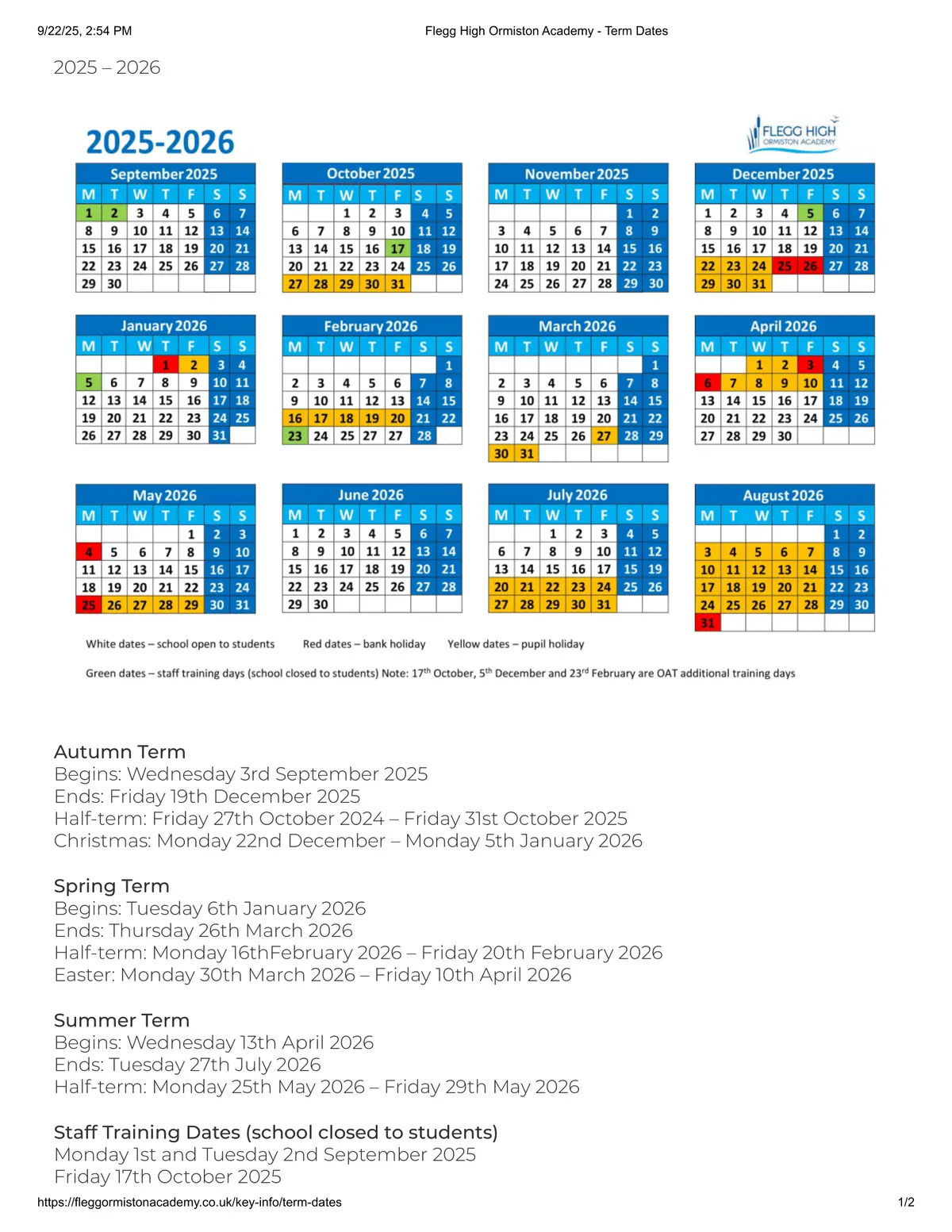 Flegg High Ormiston Academy term dates