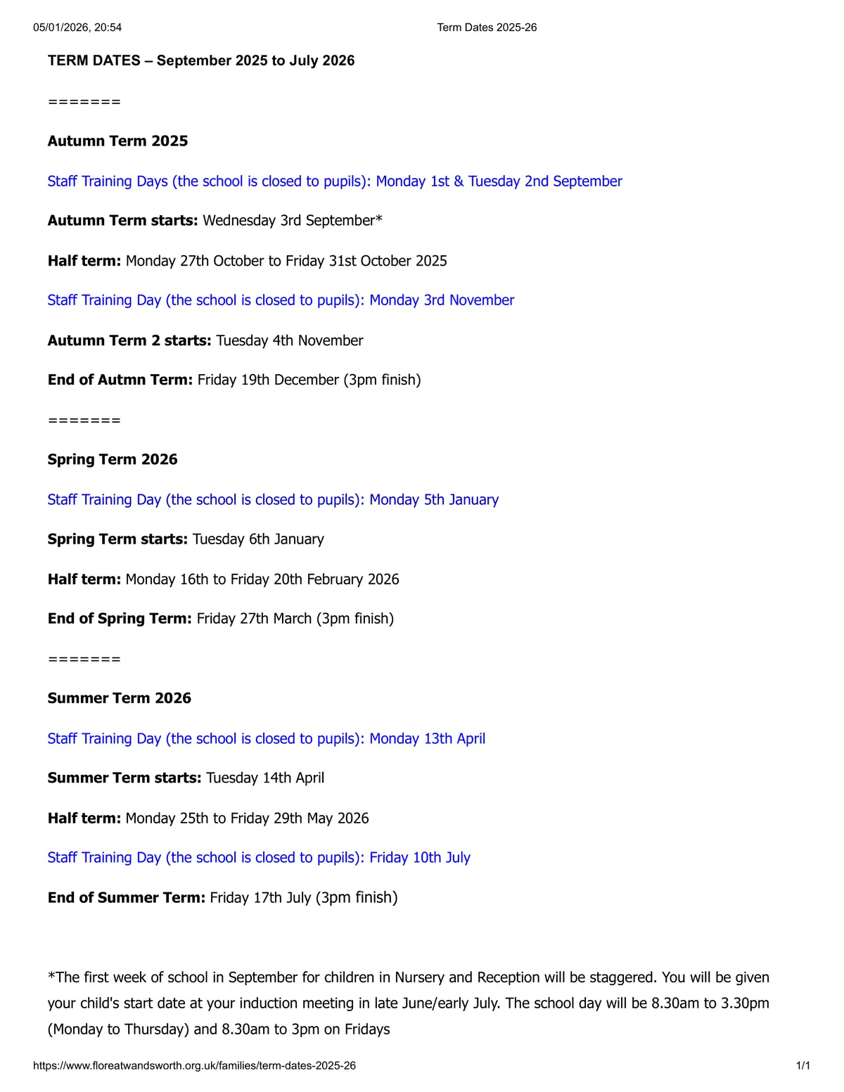 Floreat Wandsworth Primary School term dates