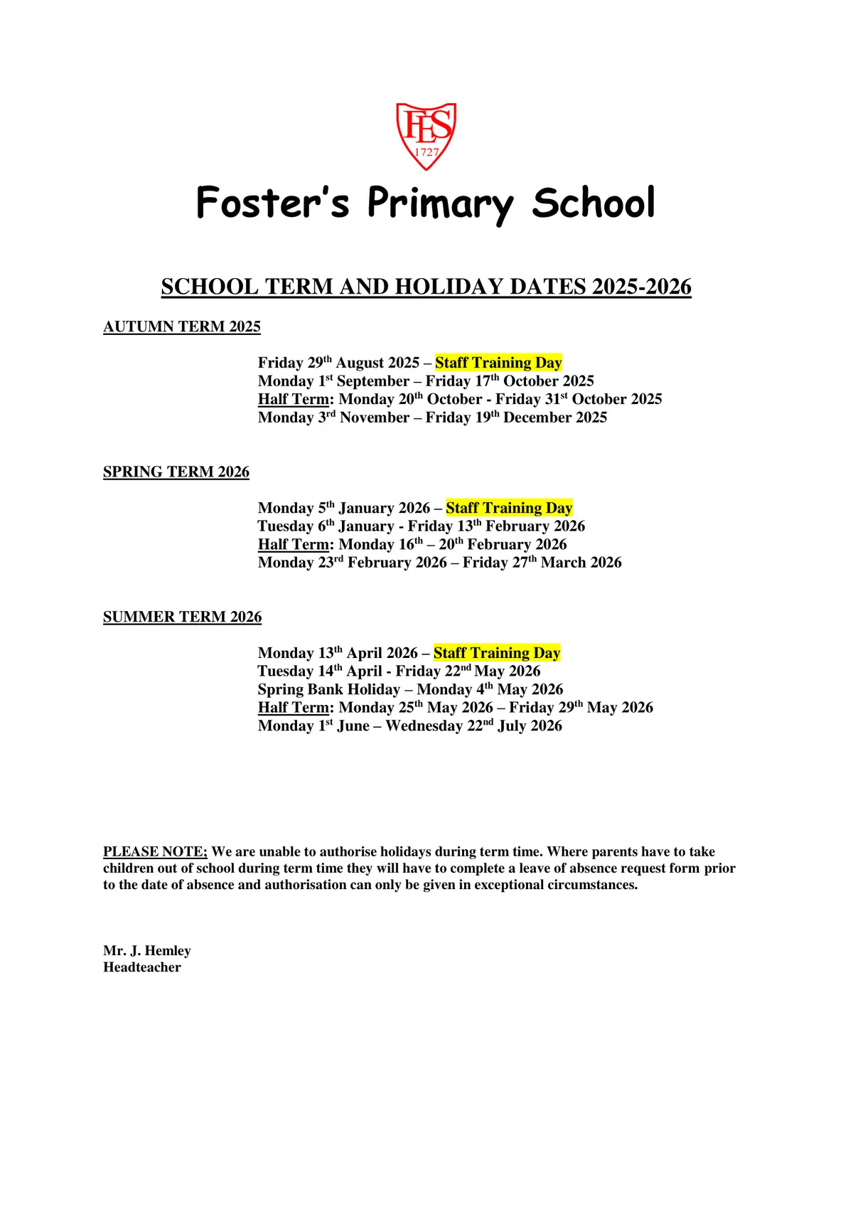 Foster's Primary School term dates