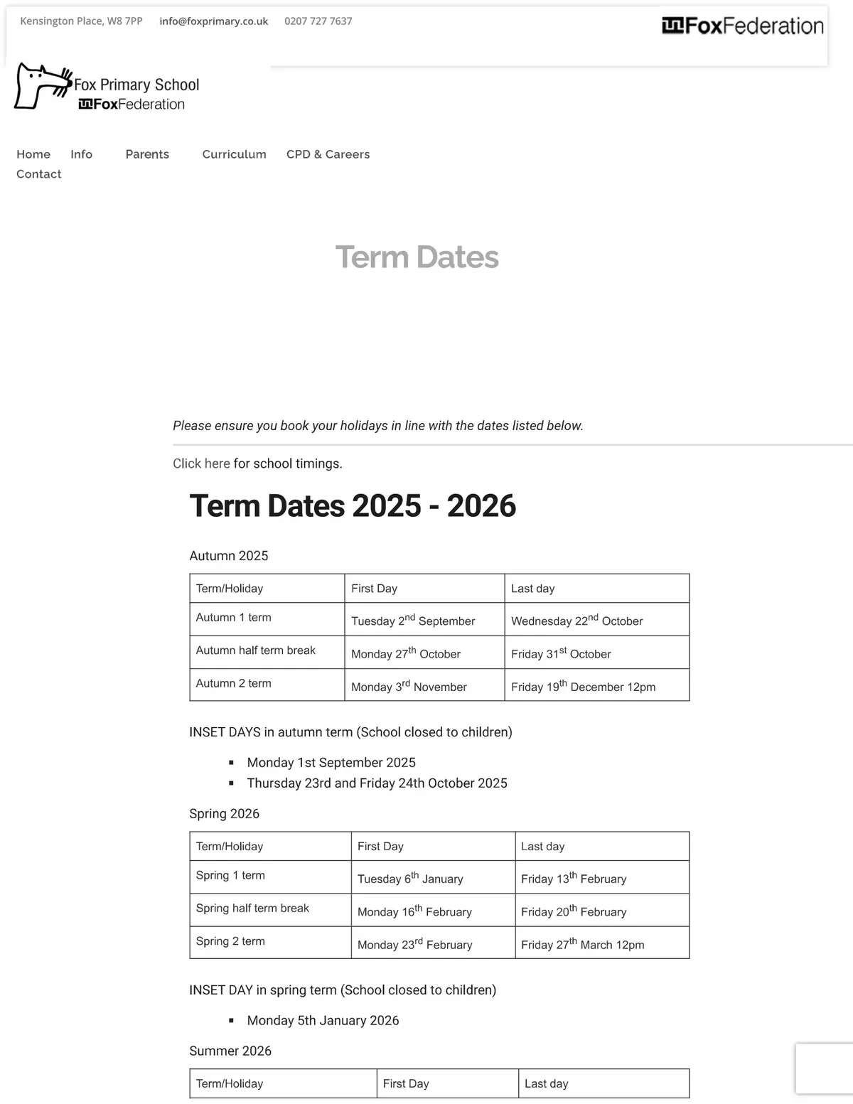 Fox Primary School term dates