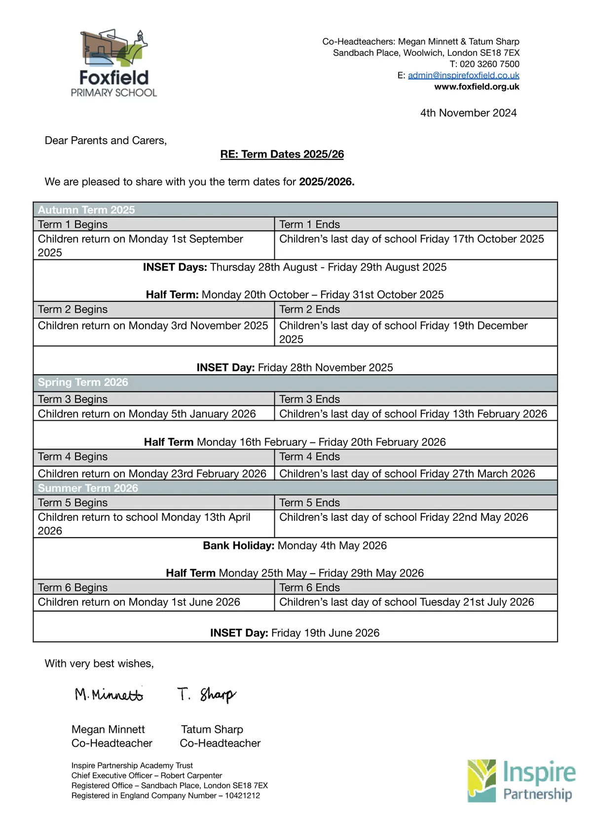 Foxfield Primary School term dates