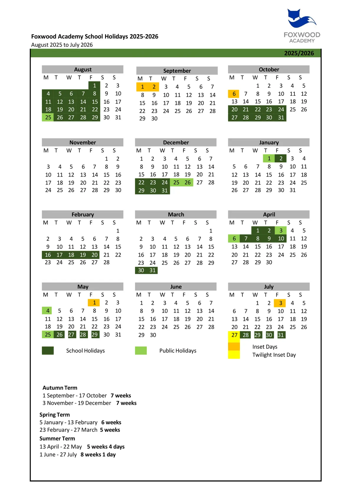 Foxwood Academy term dates
