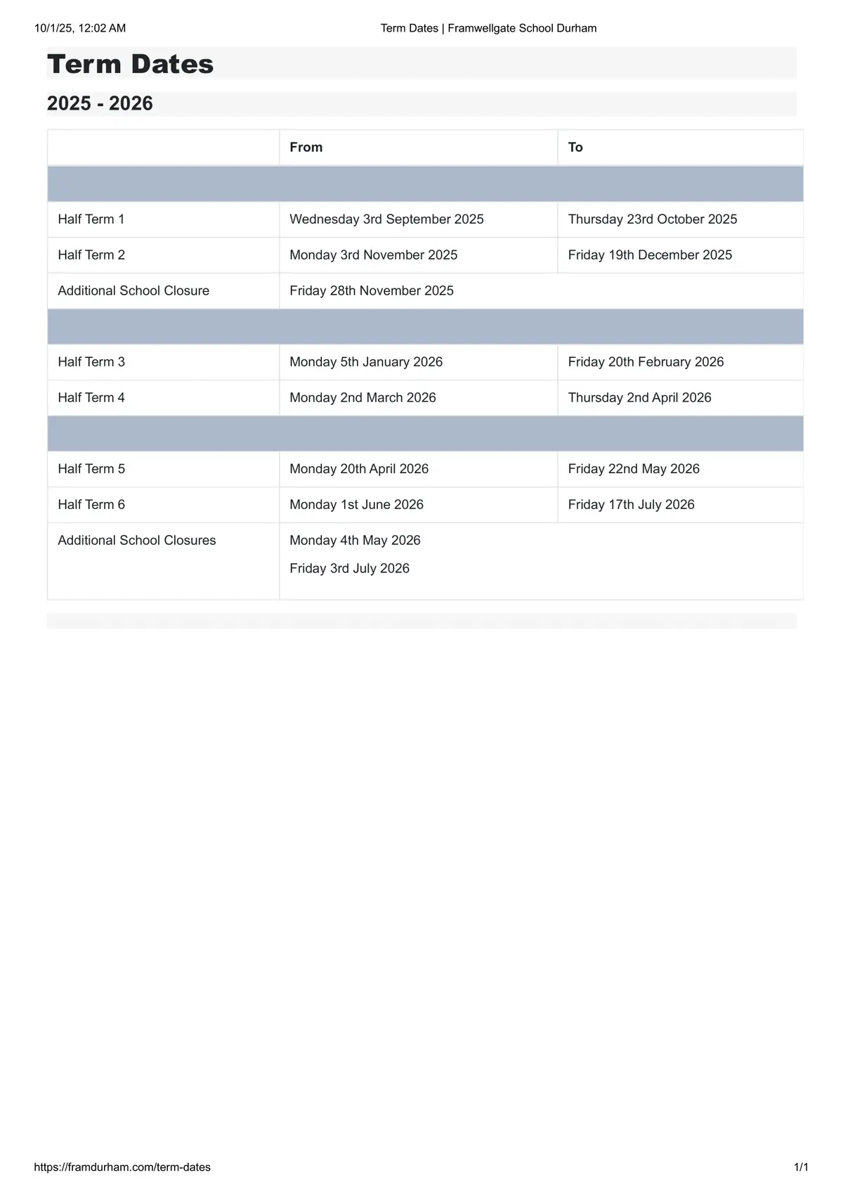 Framwellgate School Durham term dates