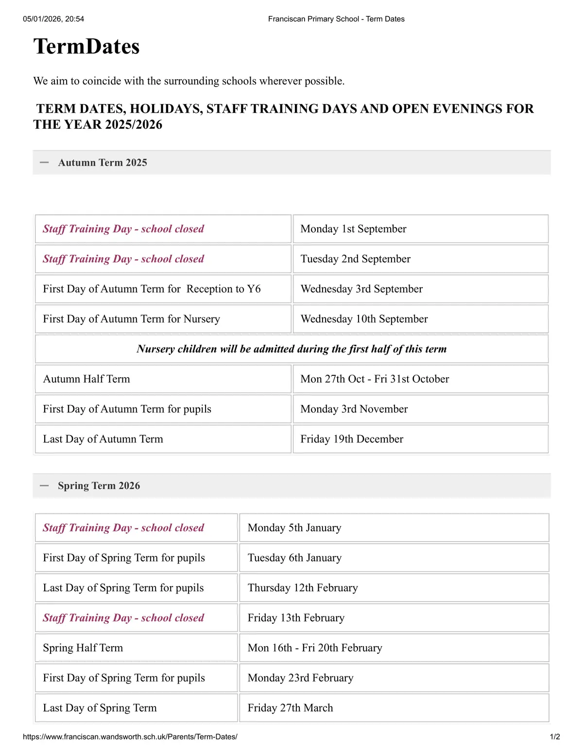 Franciscan Primary School term dates