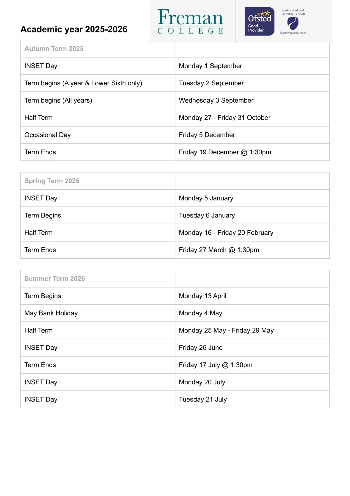 Freman College term dates
