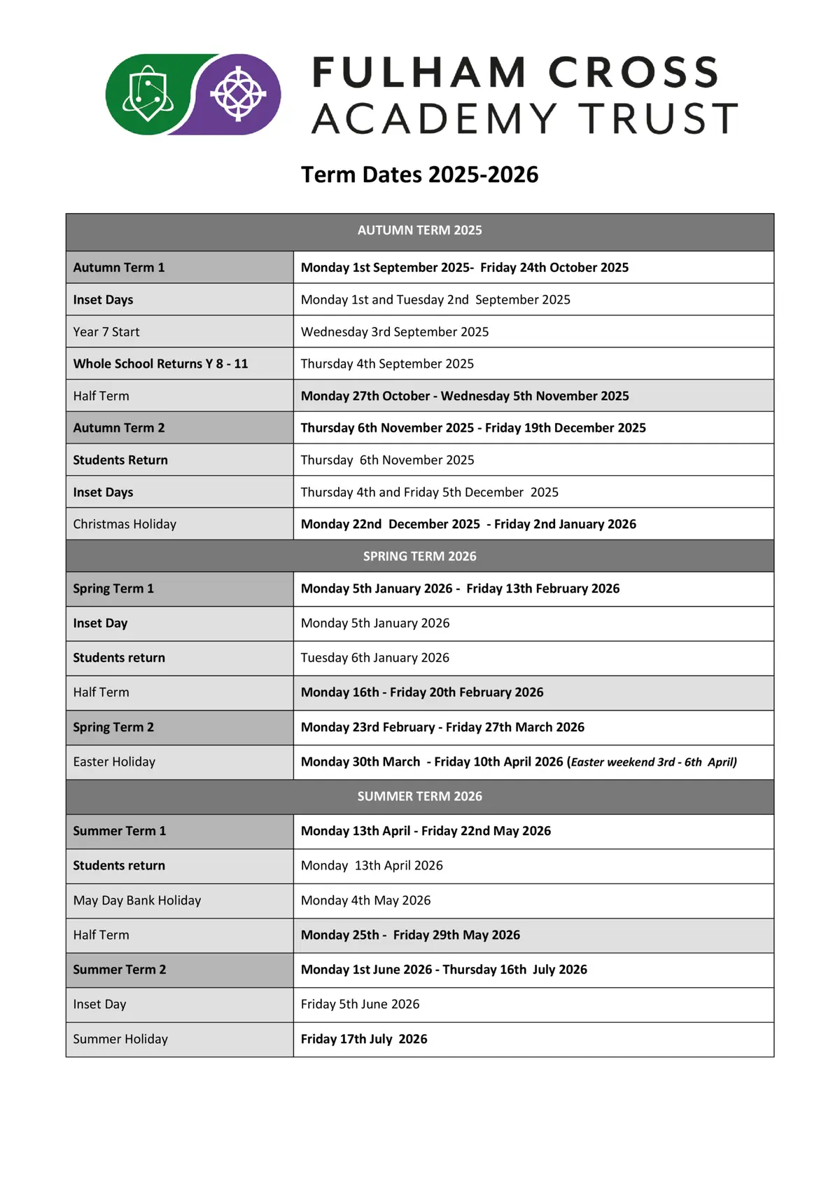 Fulham Cross Academy term dates