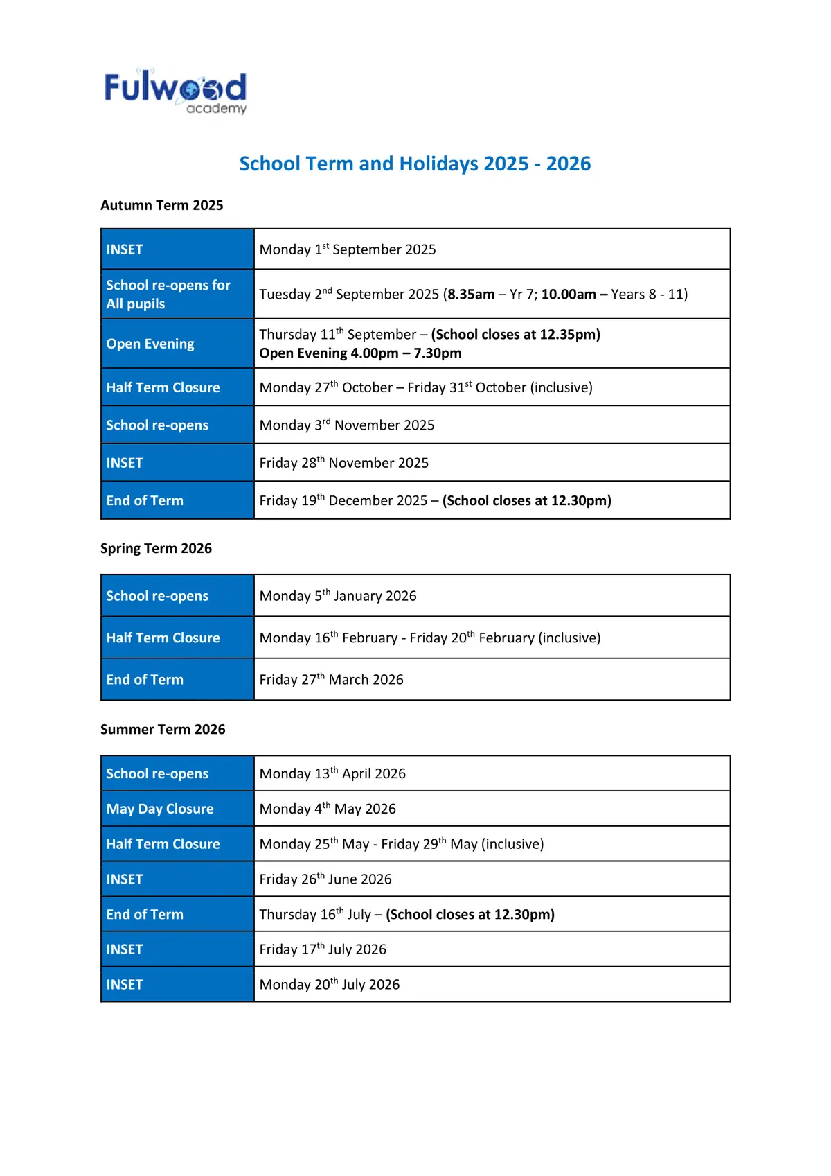 Fulwood Academy term dates