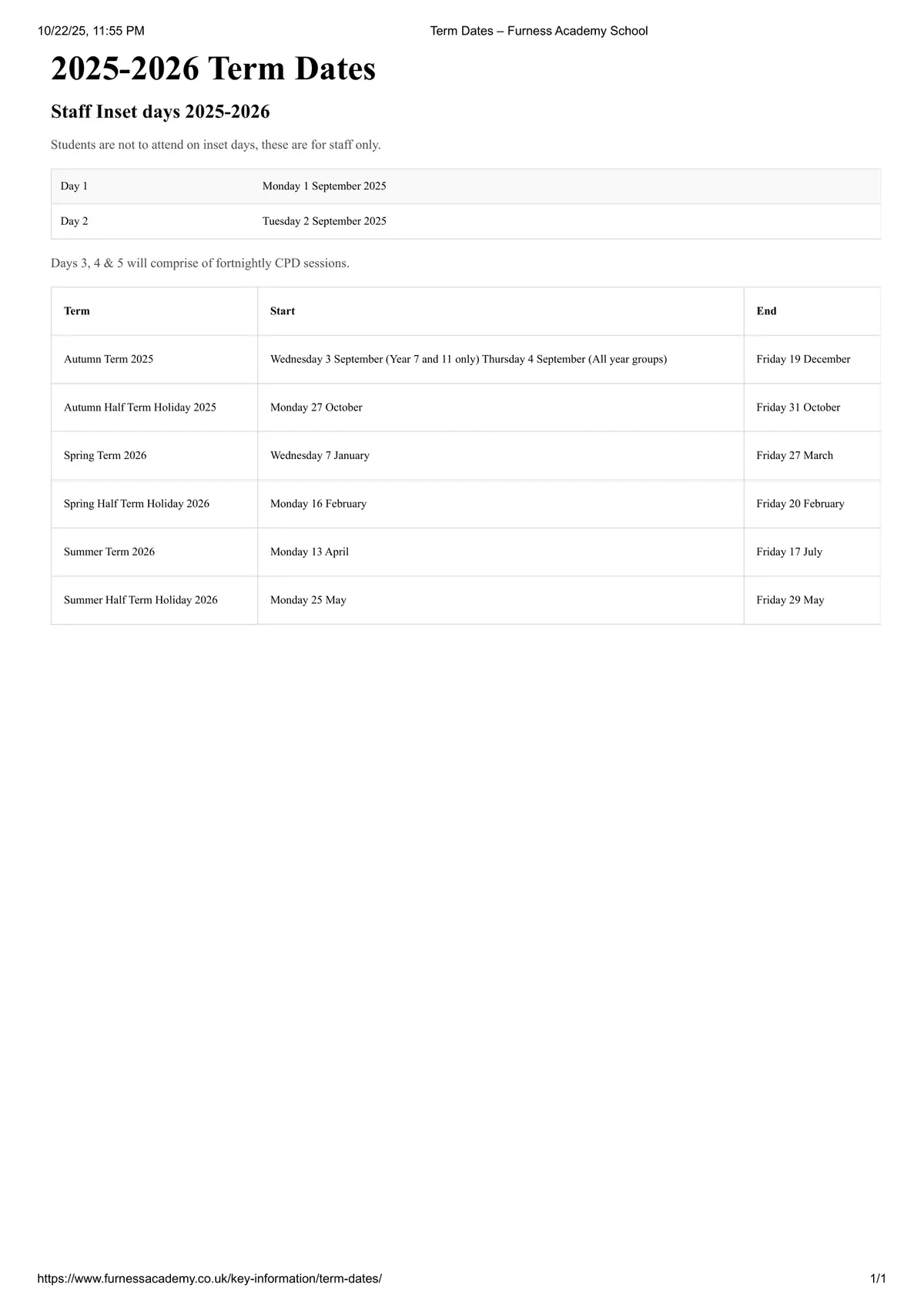 Furness Academy term dates