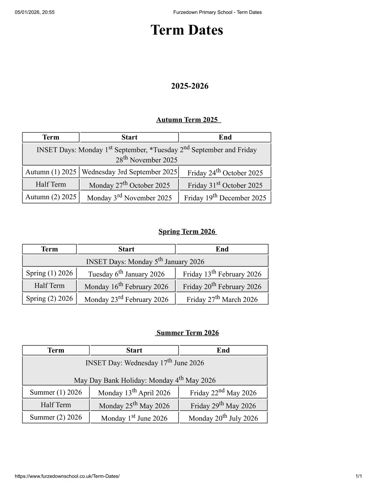 Furzedown Primary School term dates