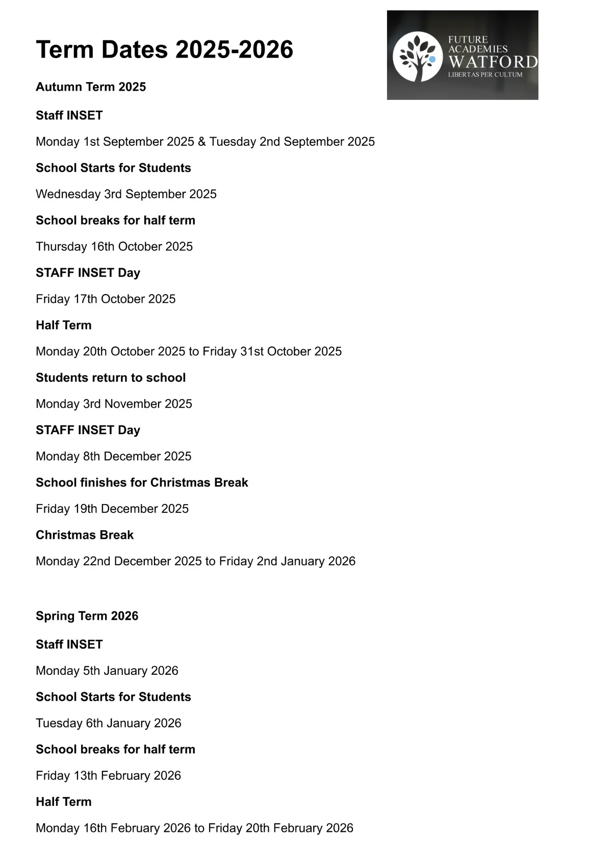 Future Academies Watford term dates