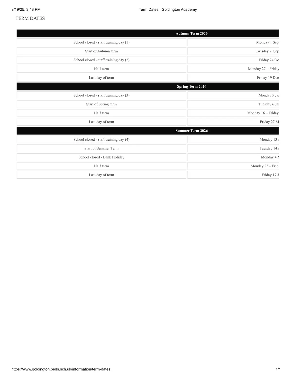 Goldington Academy term dates