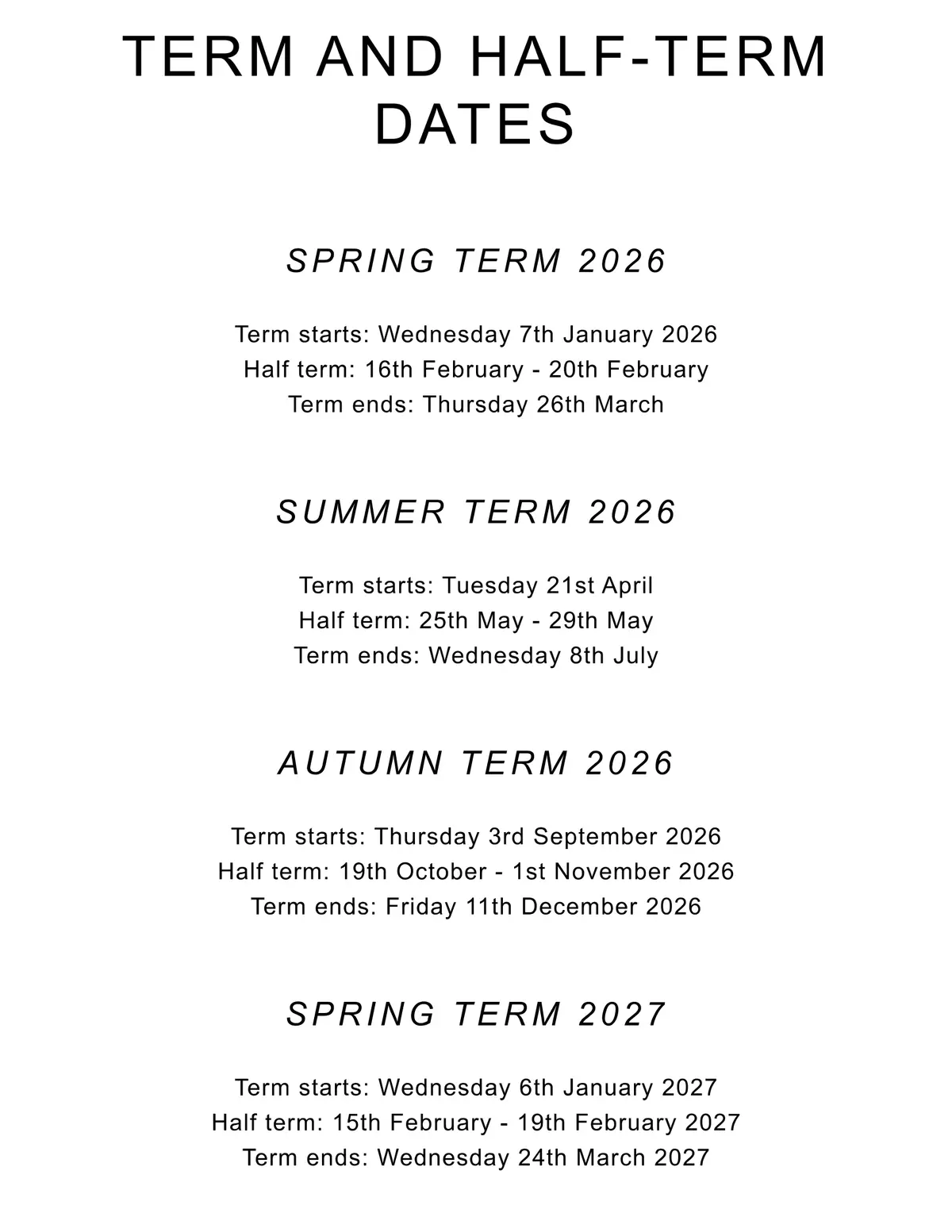 Garden House School term dates