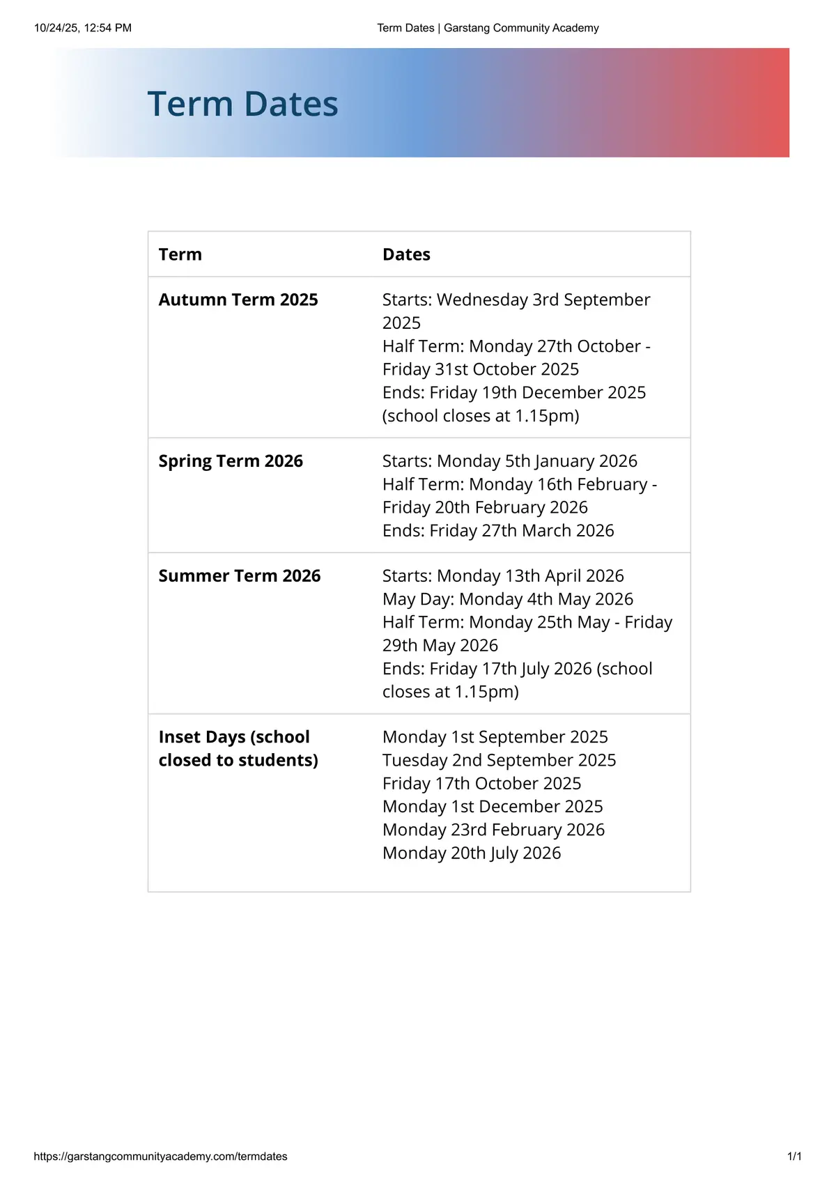Garstang Community Academy term dates