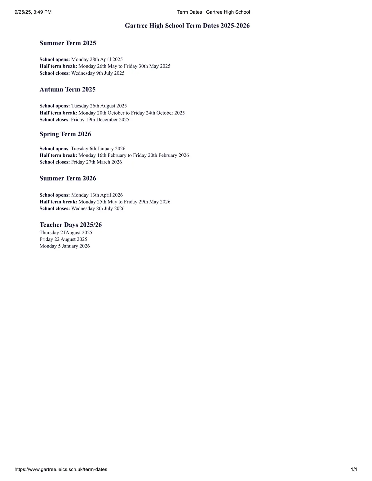 Gartree High School term dates