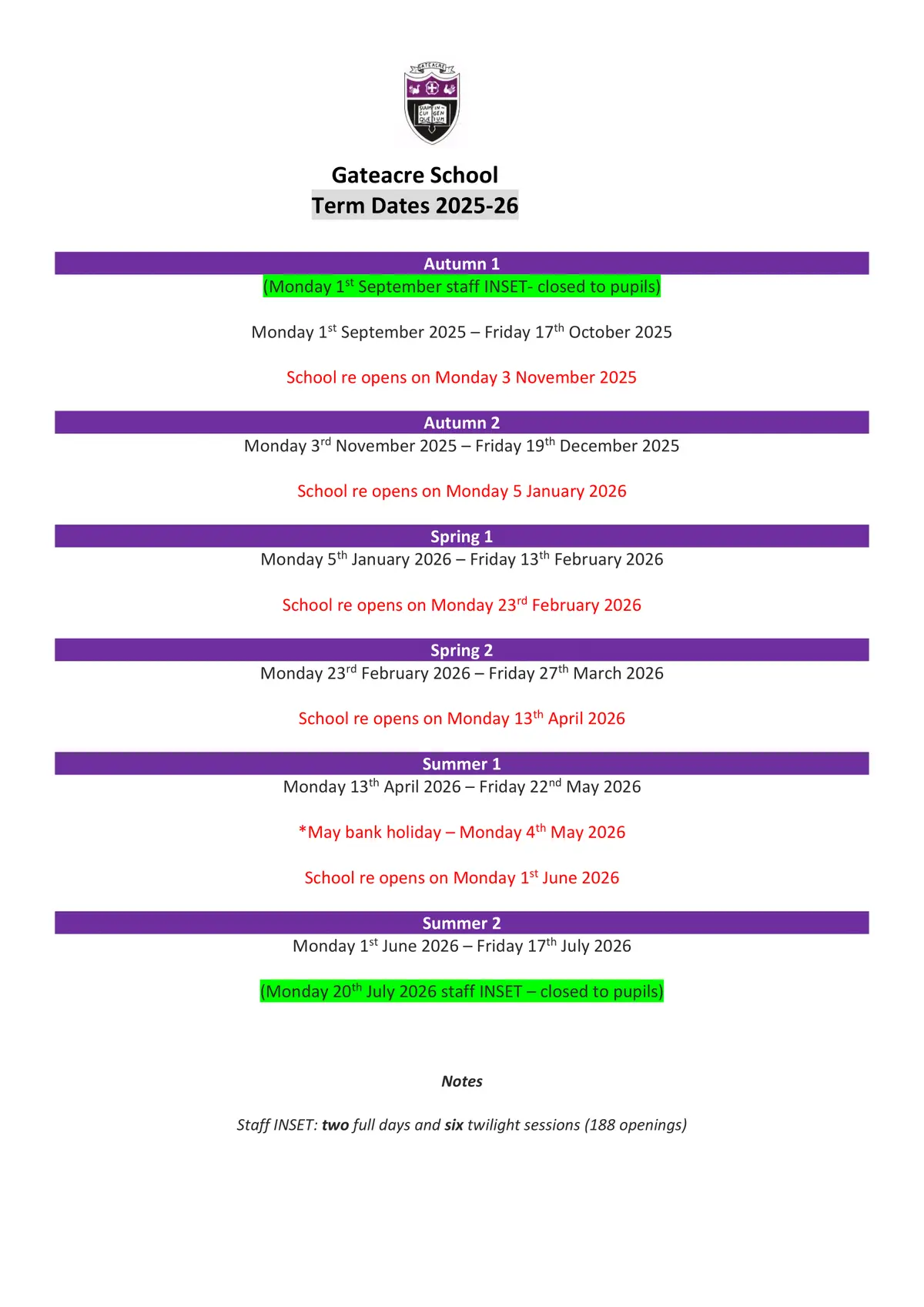 Gateacre School term dates