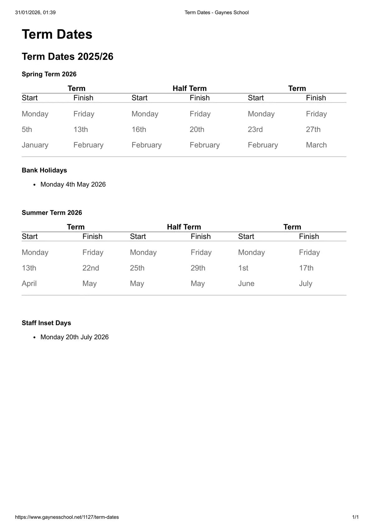 Gaynes School term dates
