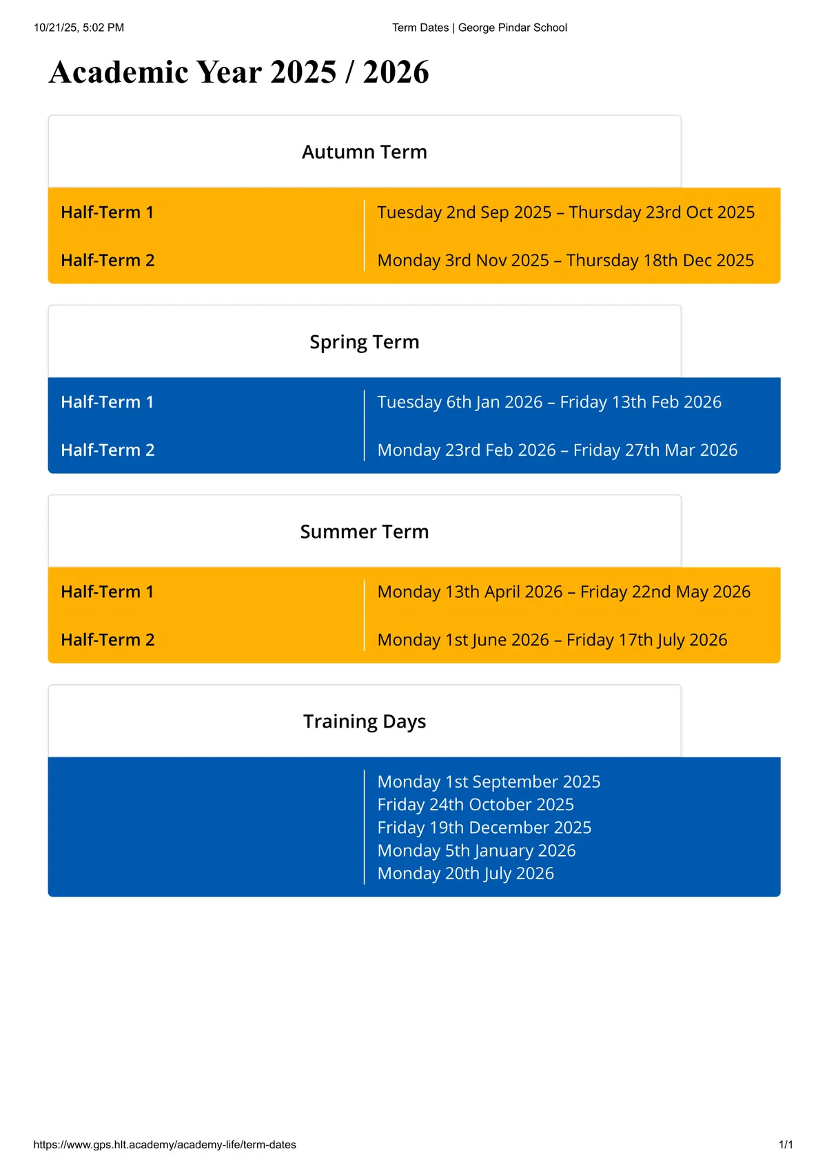 George Pindar School term dates