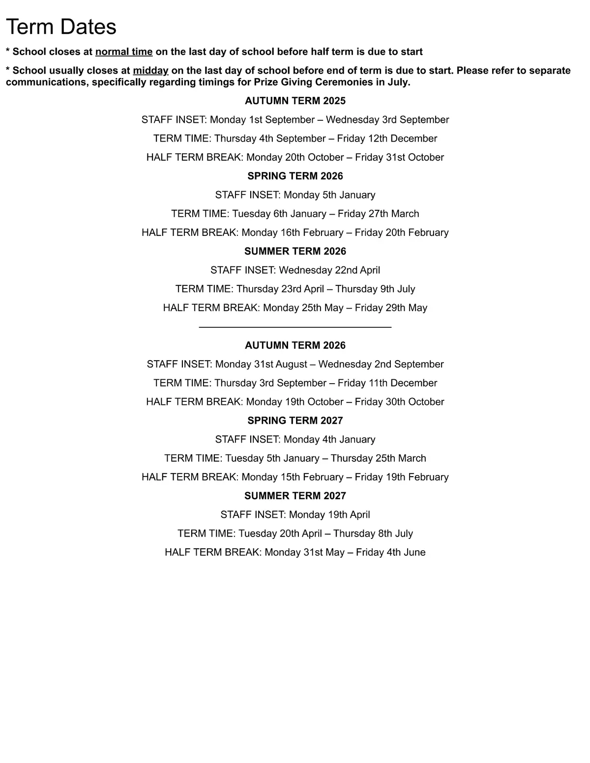 Glendower Preparatory School term dates
